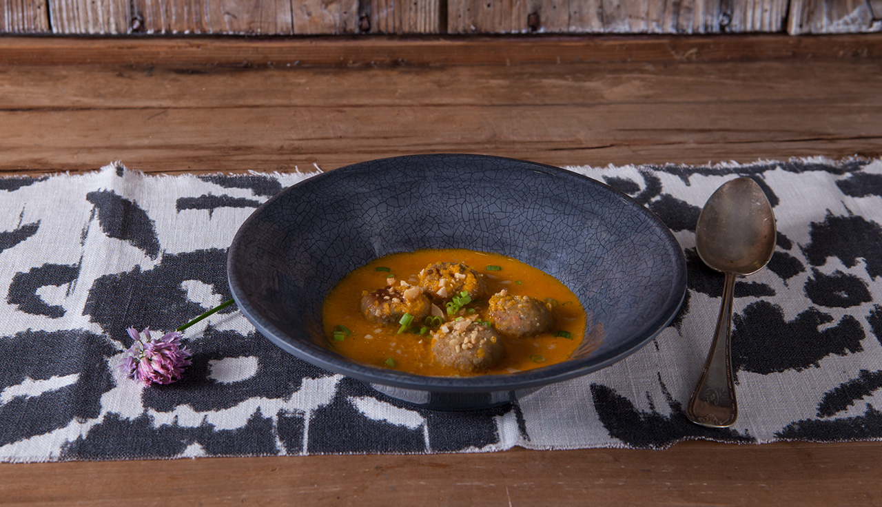 Polpettine di Vitello e Verdure con vellutata di verdure e mela al curry